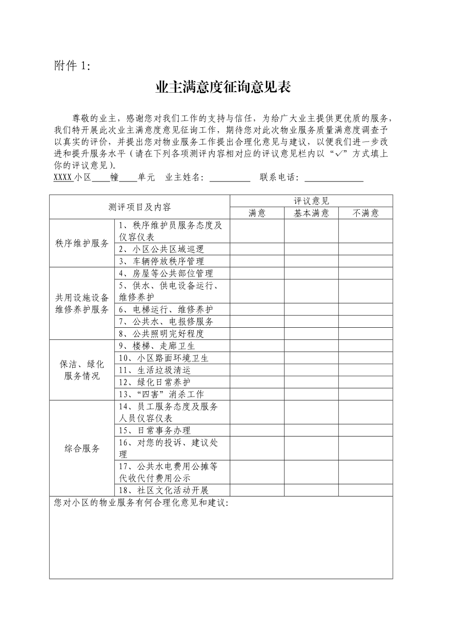關(guān)于小區(qū)物業(yè)服務(wù)評(píng)估暨業(yè)主滿(mǎn)意度聯(lián)查表的樣式與使用建議